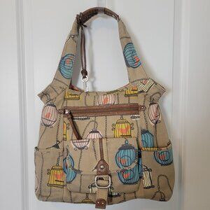 Fossil Tote Shoulder Bag Large Canvas Key Per Bird Cage Boho Hippie Shopping Tan